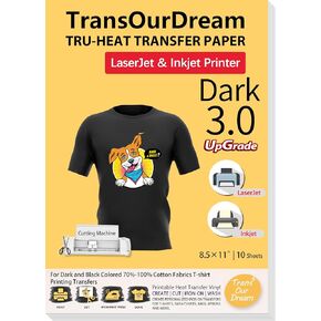 TransOurDream Iron on Heat Transfer Paper for Dark T Shirts (10 Sheets 8.5x11", Dark 3.0) Printable HTV Vinyl for Inkjet & Laserjet Printer, Transfers Paper for Dark Fabric