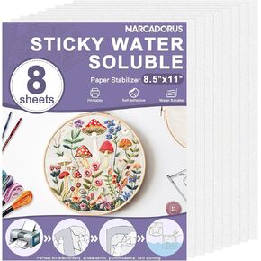 Stick and Stitch Embroidery Paper Wash Away 8.5"x11", 8 Pcs Soluble Embroidery Stabilizer Printable Paper, Away Stabilizer for Hand & Machine Embroidery, Ideal for Printing & Drawing Patterns.