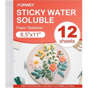 FURWEY 12PCS 8.5"x11" Sticky Water Soluble Embroidery Stabilizer Printable Paper Wash Away Stabilizer Allowed for Print or Draw Patterns Medium Weight for Hand & Machine Embroidery