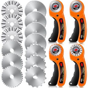 Lasnten 4 Pcs 45mm Rotary Cutter Set with 15 Pack Replacement Blades, Rotary Fabric Cutter with Safety Lock for Sewing Crafting Fabric Leather Quilting Paper Perforating Tool