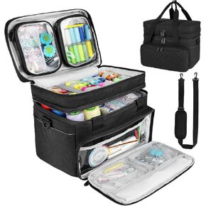 Sewing Accessories Organizer Case with Shoulder Strap,Double Layer Sewing Storage Bag with 2 Detachable Pouches for Sewing Accessories and Supplies,Large Travel Sewing Box for Sewing kit Tools,Black
