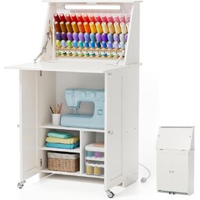 Sewing Table, Sewing Machine Desk with Under Cabinet Lights, Charging Station, 65 Spools Thread Rack Multipurpose Craft Storage Workspace Tables with Organizer Shelves, Compact Design