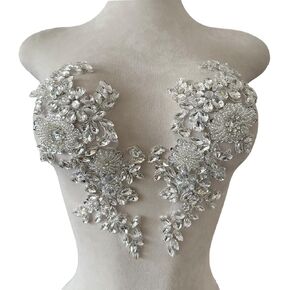 Handmade Shining Rhinestones lace Applique Patches Sewing Beads Sequins Stone Trim Accessories for Wedding Dress 1 Pair/Bag 11X4.3inches (Silver) in Kuwait