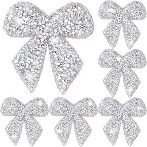 6pcs Bow Rhinestone Applique Patches, Sparkly Crystal Bow Beaded Applique, Iron on/Sew on Bowknot Patch for Jeans Sweaters Jackets Coats Shirts Bags Hats DIY Crafts- Silver