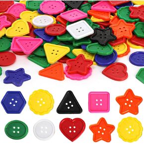 Frcctre 150 Pcs Big Bright Buttons, 8 Shapes Large Plastic Craft Buttons, Colorful Big Buttons Toys for Sewing DIY Crafts Manual Button Painting Handmade Projects