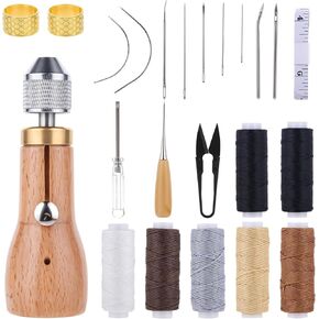 Professional Sewing Awl Kit Portable Leather Stitching Awl Tool with Straight Bent Needles Waxed Threads Rolls Small Screwdriver Yarn Needle Threader Scissors Tape Measure for DIY Craft