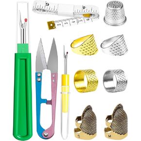 FIVEIZERO Thimble Kit– Sewing Thimbles for Hand Sewing, Metal Finger Protectors, Thimble Ring for Quilting and Embroidery, Includes Seam Ripper, Measuring Tape and Thread Snips