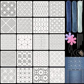 20 PCS بلاستيكي ساشيكو ستستنس أكياس 4.7 × 4.7 بوصة هندسية قالب ساشيكو نمط الرسم نمط تطريز مع إبرة الخيط تطريز الخياطة خياطة للخياطة اليدوية