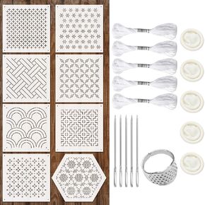 Yousoontic 24 Pcs 4.7 x 4.7 Inch Plastic Sashiko Stencil Kit with Sashiko Thimble and Needles Thread Geometric Sashiko Pattern Template Drawing Line Embroidery Pattern for Hand Quilting and Embroidery