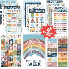Hadley Designs 16 Boho Kids Educational Posters for Toddlers - Teacher Posters for Classroom Posters Elementary, Pre K Learning Posters for Toddlers 1-3