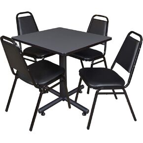 Regency Kobe 30-Inch Square Breakroom Table, Grey, and 4 Restaurant Stack Chairs- Black