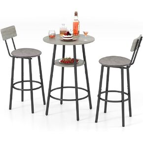 3 Pieces Double-Layer Round Bar Table Set, Small Dining Table for 2, Breakfast Table with Storage, Modern Kitchen Bar Table, 2 Upholstered Stools with Backrest for Kitchen, Dining Room & Bistro-Grey