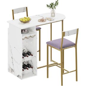 Bar Table and Chairs for 2, Dining Room Table with Double Tier Wine Rack and Glasses Hanging, White Marble Pattern and 2 Velvet Seat, Modern Dining Set for Home & Office