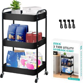 3 Tier Rolling Cart, Metal Utility Cart with 4 Hooks, Rolling Storage Cart on Wheels, Small Organizer Cart for Nursery, Kitchen, Living Room, Bathroom, Black