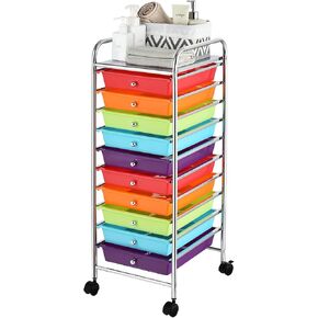 Storage Cart, Rolling Utility Cart with 10 Drawers, Portable Handles & Lockable Wheels, Mobile Paper Toys Storage Organizer Large Capacity for Home Office School Teacher (Multi-Color)