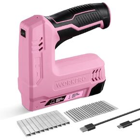 WORKPRO 3.6V Power Electric Cordless 2-in-1 Staple and Nail Gun, 2.0Ah Battery Powered Stapler for Upholstery, Crafts, DIY, Including USB Charger Cable, 2000PCS of Staples and Nails - Pink Ribbon