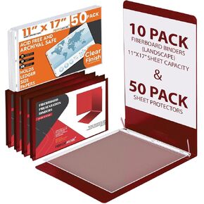 Performore 10 Pack of 11x17 Inch Landscape Pressboard Presentation Binder Folder with 50 Sheet Protectors, Red Fiberboard Report Cover with Metal Prong Paper Fastener to Bind Reports, Proposals etc.