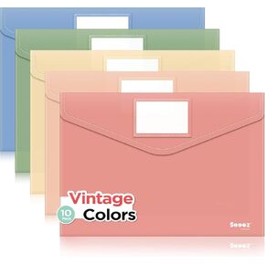 Sooez 10Pack Plastic Envelopes, Plastic File Folder, Folders for Documents Vintage Colors, Super Heavyweight Plastic Document Holder, Storage Pouches, File Envelopes for School Office Supplies
