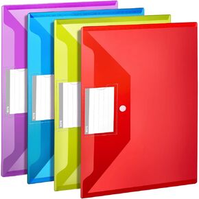LEOBRO Plastic File Folders - 4PCS A4 Size with Pocket, Snap Closure, Reusable Clear File Bags