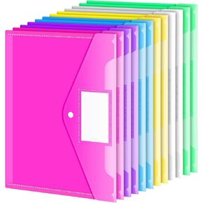 Sooez 12 Pack Folders Plastic Envelopes, Clear Plastic File Folder for Document, Letter A4 Size Poly File Envelopes with Label Pocket, Snap Button for Home Work Office Organizer, 5 Colors