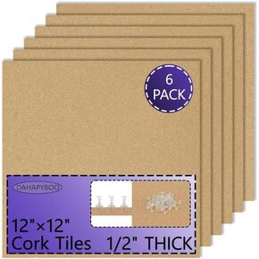 Cork Board Bulletin Board 12x12,1/2" Thick Cork Board Tiles 6 Pack, Self-Adhesive Small Square Pin Board for Walls, Corkboards for Office Home School Message/Vision Board Decoration.