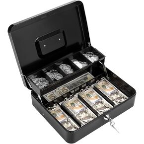 Cash Box with Lock Key and Money Tray Large Money Box for Cash Register, Metal Lock Box for Money Safe 11.8" x 9.4" x 3.54" Black