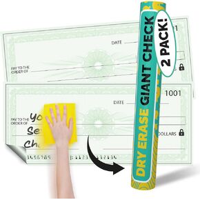 (2 Pack) Big Checks For Presentations | 36 x 16" Dry Erase Giant Check - Oversized Fake Checks For Presentation, Big Check Fundraiser Items, Large Check, Big Blank Check Plaque, Reusable Fake Check