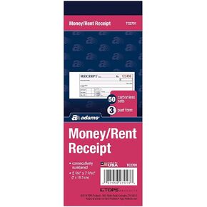 Adams Money/Rent Receipt Book, Carbonless, 3-Part, 2-3/4 x 7-3/16 Inches, 50 Sets per Book, Pack Of 6