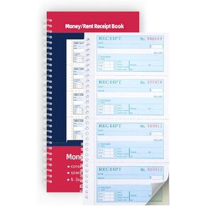 Receipt Book with Carbon Copies,Money and Rent Receipt Book,2-Part Carbonless,5.31" x 11.22",Spiral Bound,200 Sets per Book,4 Receipts per Page.