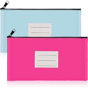 2-Pack Bank Deposit Money Bags with Zipper, 11 x 6 Inches, PU Leather Cash Pouches with Label, for Coins, Cosmetics, Bills, Tools, Hot Pink & Light Blue