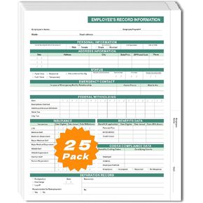 Employee Record Folders, Secure, Confidential Employee Info Records, Large Capacity and Preprinted Personnel Info Forms, Green, 25 Pack