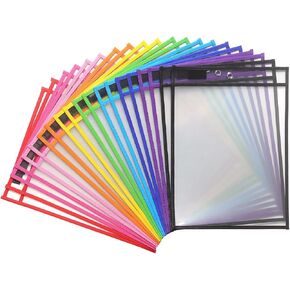 20 Pack Dry Erase Pockets Sleeves with Rings, 10 x 14 Inch Ticket Holders Clear Plastic Sleeves Sheet Protectors for Teacher Classroom Sleeves, 10 Assorted Colors