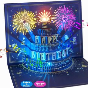 ترقية ثلاثية الأبعاد منبثقة بطاقات عيد ميلاد الألعاب النارية ، بطاقات عيد ميلاد مصابيح LED الموسيقية مع كعكة عيد ميلاد قابلة للانفجار ، بطاقات المعايدة ، هدايا أعياد الميلاد لأمي النساء الرجال أطفال الأب الأب زوجة الأب
