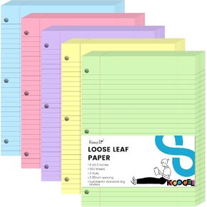 Koogel 300 Sheets Loose Leaf Paper, Wide Ruled Binder Paper Colorful Office Filler Paper 3-Ring Binders for School Office 8x10.5inch 5 Colors