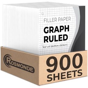 6 Pack Graph Paper, 900 Sheets, 4x4 Loose Leaf Paper, 8" x 10.5", 3 Hole Punched for Binders, Grid Paper, 54 GSM Thick Graphing Paper, Quad Ruled Paper, Notebook Paper for School & College