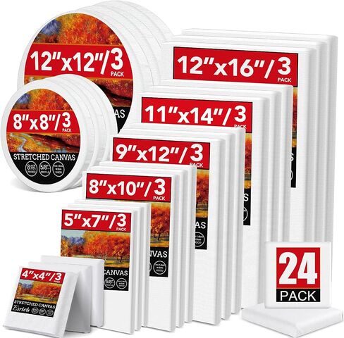 24 Pack Canvases for Painting with 4"x4", 5"x7", 8"x10", 9"x12", 11"x14", 12"x16", Round Canvas with 12"x12", 8"x8", 3 of Each, Painting Canvas for Oil & Acrylic Paint. in Kuwait