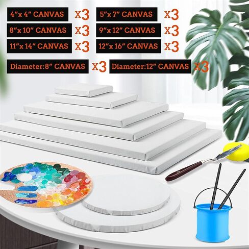 24 Pack Canvases for Painting with 4"x4", 5"x7", 8"x10", 9"x12", 11"x14", 12"x16", Round Canvas with 12"x12", 8"x8", 3 of Each, Painting Canvas for Oil & Acrylic Paint. in Kuwait