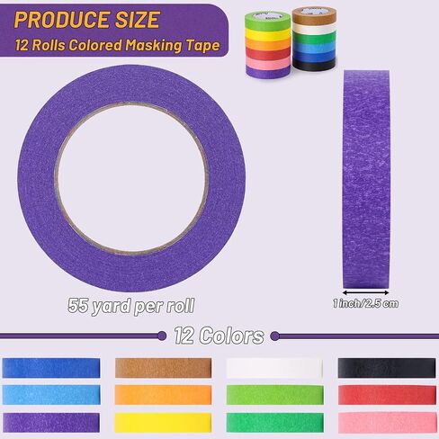 12 Rolls Colored Masking Tape-1 inch x 660 Yards Painters Tape, Rainbow Colors Rolls Bulk Kids Colorful Paper Marking Tape Decorative Arts Crafts Labeling DIY School Classroom Supplies in Saudi Arabia