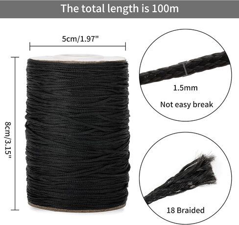 Anwyll 1.5MM Black Nylon String - 110Yards Wind Chime String Weather Resistant Nylon Cord Black Nylon Bracelets String Beading Thread Macrame Trim Cord for Necklace Jewelry Making Craft Halloween in Kuwait