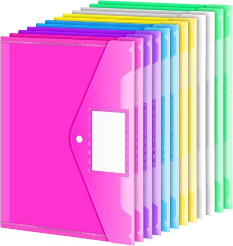 Sooez 12 Pack Folders Plastic Envelopes, Clear Plastic File Folder for Document, Letter A4 Size Poly File Envelopes with Label Pocket, Snap Button for Home Work Office Organizer, 5 Colors in Saudi Arabia