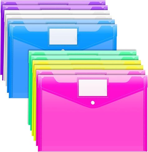 Sooez 12 Pack Folders Plastic Envelopes, Clear Plastic File Folder for Document, Letter A4 Size Poly File Envelopes with Label Pocket, Snap Button for Home Work Office Organizer, 5 Colors in Saudi Arabia