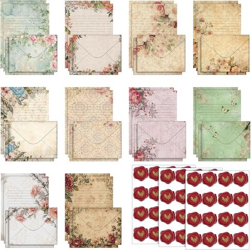 TaoBary 160 Packs Stationery Paper Set (50 Double Sided Stationery Writing Papers 50 Matching Envelopes) 60 Round Dot Sticker, 10 Design(Vintage Floral,5.5 x 8.25 Inch) in Saudi Arabia