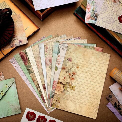 TaoBary 160 Packs Stationery Paper Set (50 Double Sided Stationery Writing Papers 50 Matching Envelopes) 60 Round Dot Sticker, 10 Design(Vintage Floral,5.5 x 8.25 Inch) in Saudi Arabia