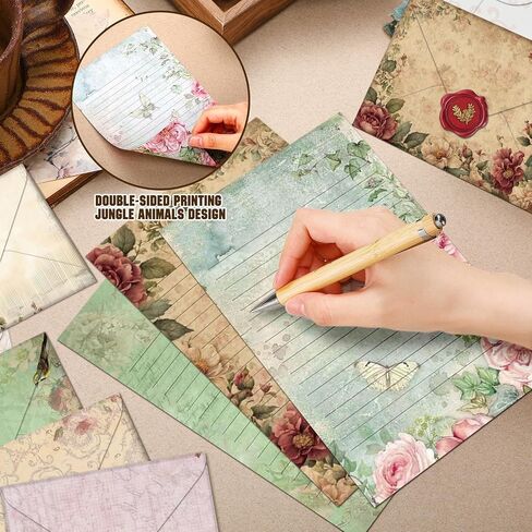 TaoBary 160 Packs Stationery Paper Set (50 Double Sided Stationery Writing Papers 50 Matching Envelopes) 60 Round Dot Sticker, 10 Design(Vintage Floral,5.5 x 8.25 Inch) in Saudi Arabia
