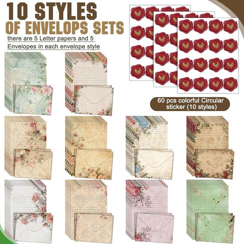 TaoBary 160 Packs Stationery Paper Set (50 Double Sided Stationery Writing Papers 50 Matching Envelopes) 60 Round Dot Sticker, 10 Design(Vintage Floral,5.5 x 8.25 Inch) in Saudi Arabia