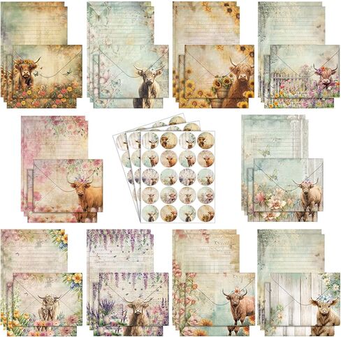 TaoBary 160 Packs Stationery Paper Set (50 Double Sided Stationery Writing Papers 50 Matching Envelopes) 60 Round Dot Sticker, 10 Design(Vintage Floral,5.5 x 8.25 Inch) in Saudi Arabia