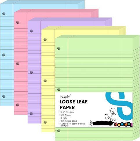 Koogel 300 Sheets Loose Leaf Paper, Wide Ruled Binder Paper Colorful Office Filler Paper 3-Ring Binders for School Office 8x10.5inch 5 Colors in Kuwait