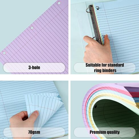 Koogel 300 Sheets Loose Leaf Paper, Wide Ruled Binder Paper Colorful Office Filler Paper 3-Ring Binders for School Office 8x10.5inch 5 Colors in Kuwait