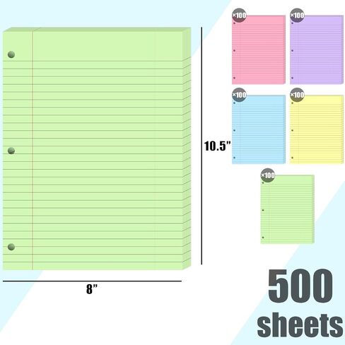 Koogel 300 Sheets Loose Leaf Paper, Wide Ruled Binder Paper Colorful Office Filler Paper 3-Ring Binders for School Office 8x10.5inch 5 Colors in Kuwait