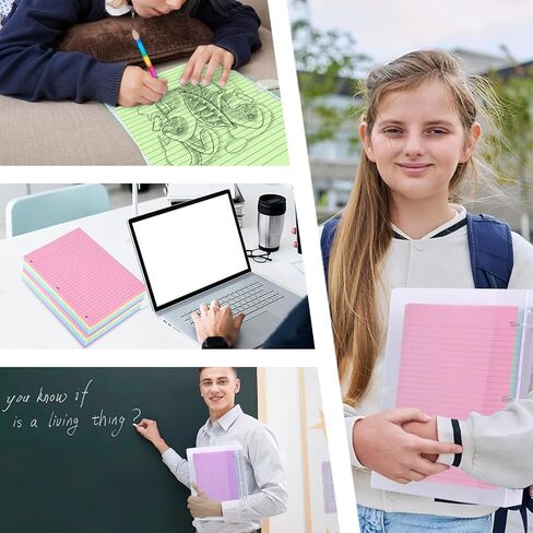 Koogel 300 Sheets Loose Leaf Paper, Wide Ruled Binder Paper Colorful Office Filler Paper 3-Ring Binders for School Office 8x10.5inch 5 Colors in Kuwait